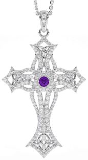 Large Diamond Amethyst Silver Celtic Cross Trinity Knot Necklace