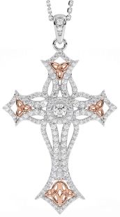 Large Diamond White Rose Gold Celtic Cross Trinity Knot Necklace