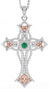 Large Diamond Emerald White Rose Gold Celtic Cross Trinity Knot Necklace