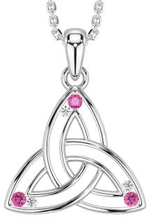 Diamond Pink Tourmaline Silver Celtic Trinity Knot Necklace