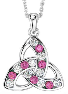 Diamond Pink Tourmaline Silver Celtic Trinity Knot Necklace