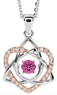 Diamond Pink Tourmaline Rose Gold Silver Celtic Knot Heart Necklace