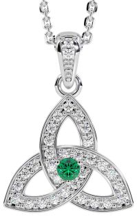 Diamond Emerald Silver Celtic Trinity Knot Necklace