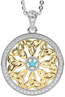 Diamond Aquamarine Gold Silver Celtic Trinity Knot Necklace