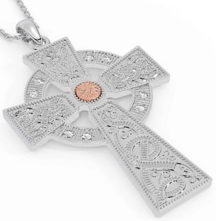 Large Diamond Rose Gold Silver Celtic Cross Necklace