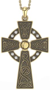 Large Diamond Gold Silver Black Rhodium Celtic Cross Necklace