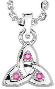 Pink Tourmaline White Gold Celtic Trinity Knot Charm Necklace