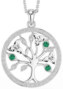 Diamond Emerald Silver Celtic Tree of Life Trinity Knot Necklace