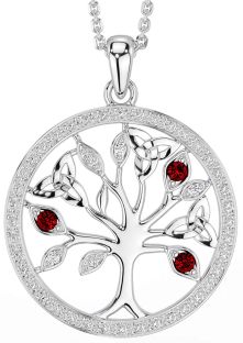 Diamond Garnet Silver Celtic Tree of Life Trinity Knot Necklace
