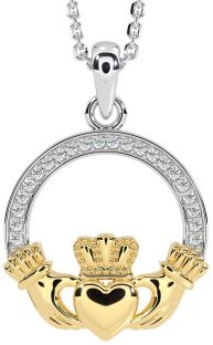 Diamond White Yellow Gold Claddagh Necklace