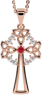 Diamond Ruby Rose Gold Celtic Cross Trinity Knot Necklace