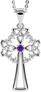 Diamond Amethyst Silver Celtic Cross Trinity Knot Necklace