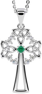 Diamond Emerald Silver Celtic Cross Trinity Knot Necklace