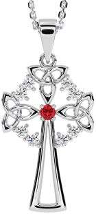Diamond Ruby Silver Celtic Cross Trinity Knot Necklace