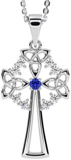 Diamond Sapphire White Gold Celtic Cross Trinity Knot Necklace