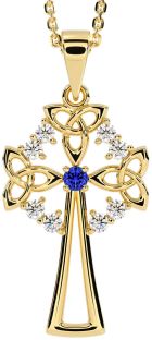 Diamond Sapphire Gold Celtic Cross Trinity Knot Necklace