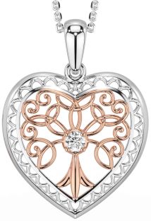 Diamond Rose Gold Silver Celtic Tree of Life Heart Necklace
