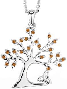 Citrine Silver Celtic Tree of Life Trinity Knot Necklace