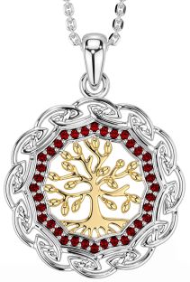 Garnet Gold Silver Celtic Tree of Life Necklace