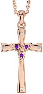 Diamond Amethyst Rose Gold Celtic Cross Trinity Knot Necklace