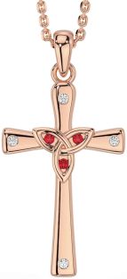 Diamond Ruby Rose Gold Celtic Cross Trinity Knot Necklace