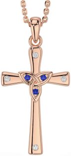Diamond Sapphire Rose Gold Celtic Cross Trinity Knot Necklace