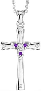 Diamond Amethyst Silver Celtic Cross Trinity Knot Necklace