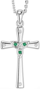 Diamond Emerald Silver Celtic Cross Trinity Knot Necklace