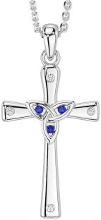 Diamond Sapphire Silver Celtic Cross Trinity Knot Necklace