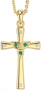 Diamond Emerald Gold Celtic Cross Trinity Knot Necklace