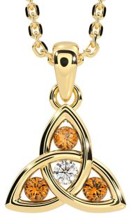Diamond Citrine Gold Silver Celtic Trinity Knot Necklace