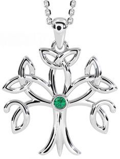 Emerald Silver Celtic Tree of Life Trinity Knot Necklace