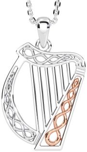 Rose Gold Silver Celtic Irish harp Necklace