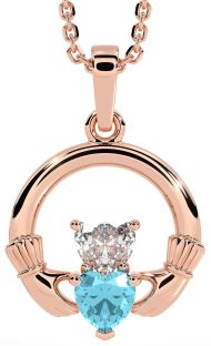 Diamond Aquamarine Rose Gold Claddagh Necklace