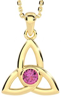 Pink Tourmaline Gold Celtic Trinity Knot Necklace