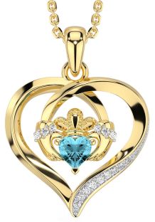 Diamond Aquamarine Gold Silver Claddagh Celtic Heart Necklace