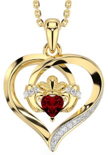 Diamond Garnet Gold Silver Claddagh Celtic Heart Necklace