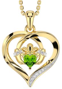 Diamond Peridot Gold Silver Claddagh Celtic Heart Necklace