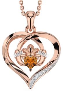 Diamond Citrine Rose Gold Claddagh Celtic Heart Necklace