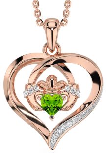 Diamond Peridot Rose Gold Claddagh Celtic Heart Necklace