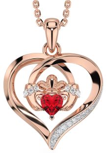 Diamond Ruby Rose Gold Claddagh Celtic Heart Necklace