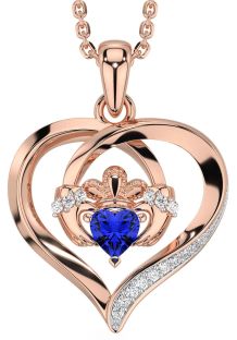Diamond Sapphire Rose Gold Claddagh Celtic Heart Necklace