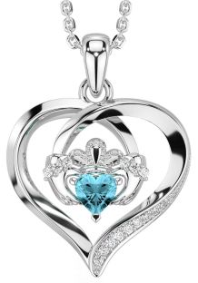 Diamond Aquamarine Silver Claddagh Celtic Heart Necklace