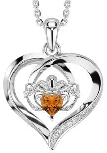 Diamond Citrine Silver Claddagh Celtic Heart Necklace