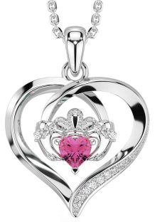 Diamond Pink Tourmaline Silver Claddagh Celtic Heart Necklace