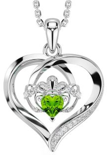 Diamond Peridot Silver Claddagh Celtic Heart Necklace