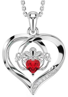 Diamond Ruby Silver Claddagh Celtic Heart Necklace