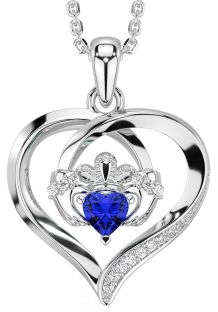 Diamond Sapphire Silver Claddagh Celtic Heart Necklace