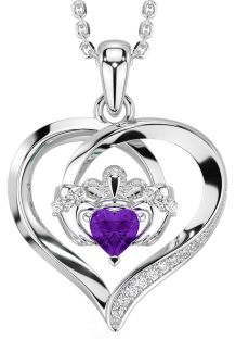 Diamond Amethyst White Gold Claddagh Celtic Heart Necklace