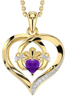 Diamond Amethyst Gold Claddagh Celtic Heart Necklace